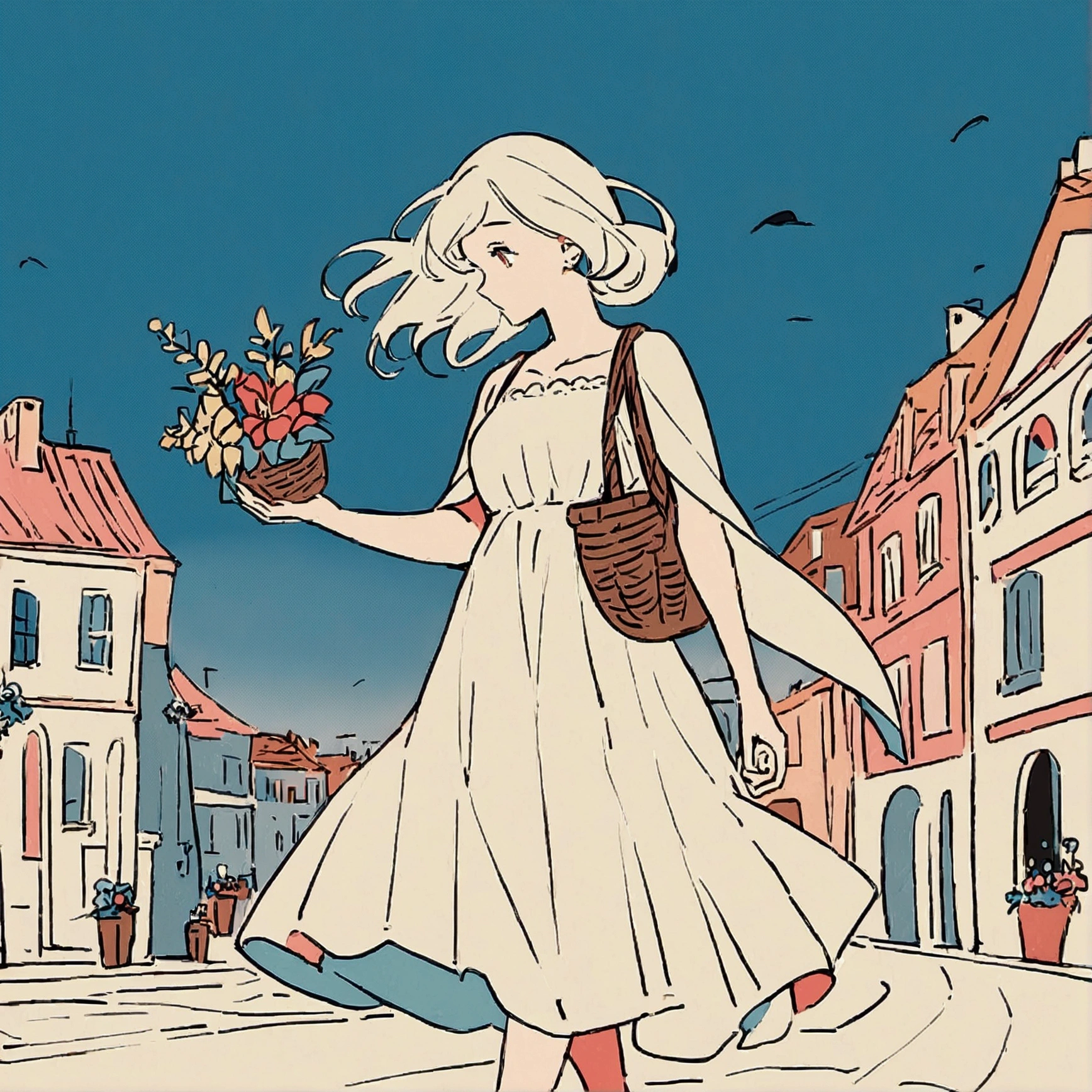 A woman in a white dress, a basket of flowers in her hand, flat colors, chic and soft atmosphere, faint light, walking through the streets of a European city, plants, simple and beautiful color scheme, swaying in the wind, summer.
