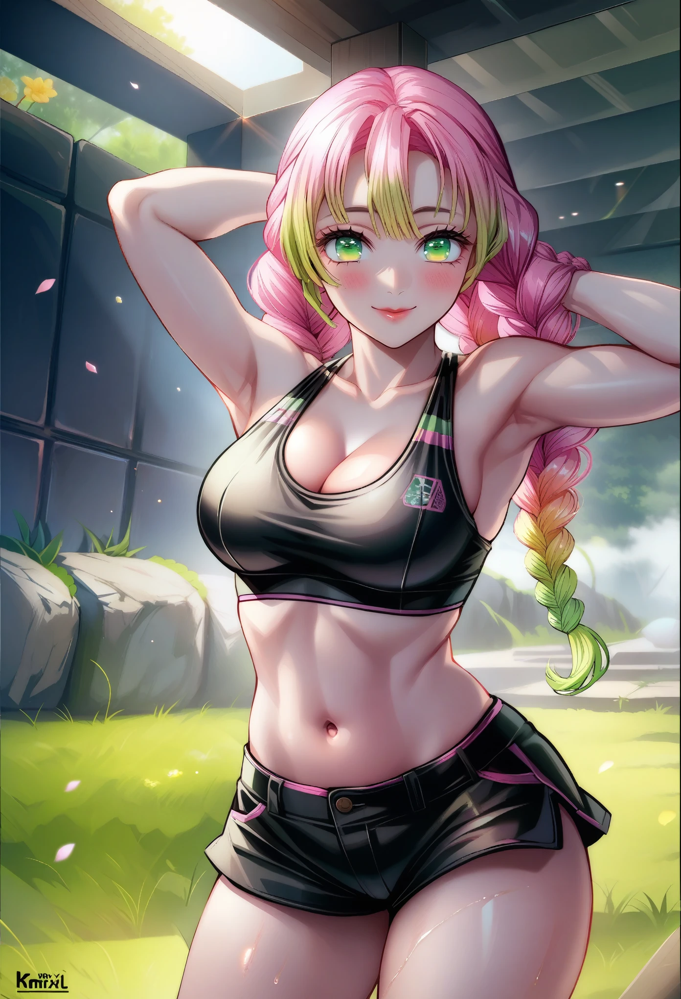 score_9, score_8_up, score_7_up, nsfw, (Demon Slayer, kimetsu no yaiba style), KMitsuriV4XL, (1girl, solo), (twin braids, gradient hair, pink hair, light green hair, shiny hair), green eyes, glossy skin, (black sports bra, black crop top, large breasts, cleavage), (bare abdomen, navel), black sports shorts, (smile, blush:1.1), (looking at viewer:1.2), BREAK (dancing on the dark stage, spotlight from the ceiling)