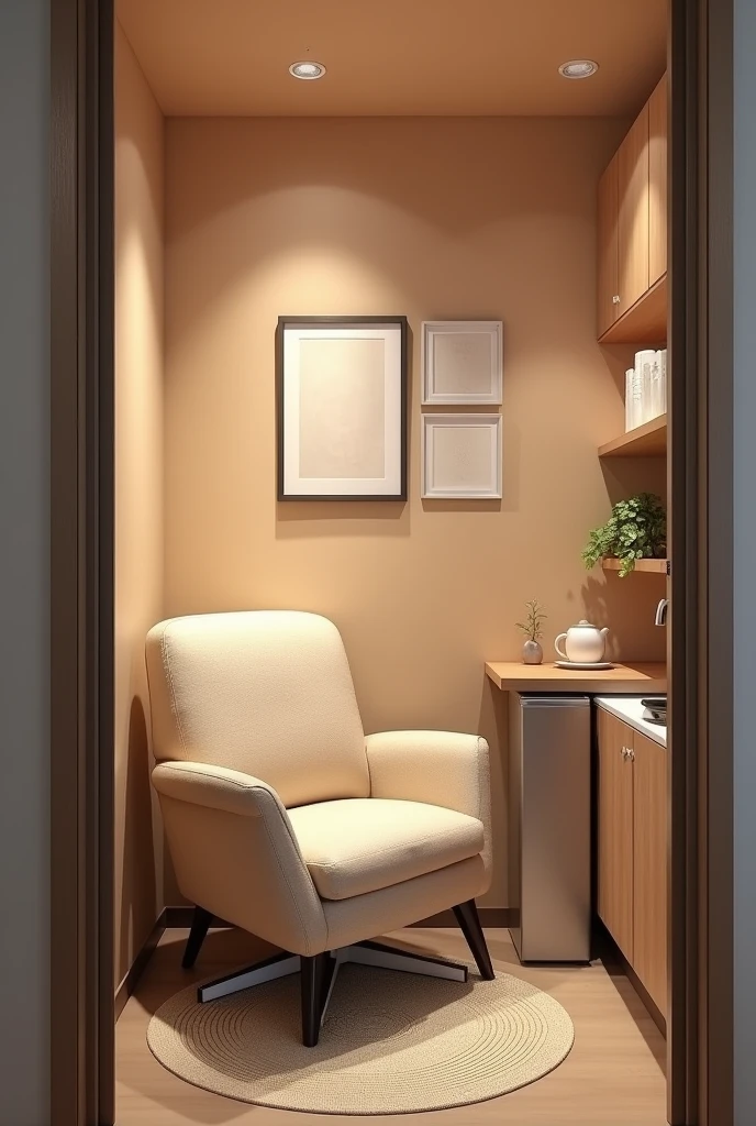 Create a room with a refrigerator, armchair that is comfortable and safe, regarding maternity in a company, having a corporate environment.
