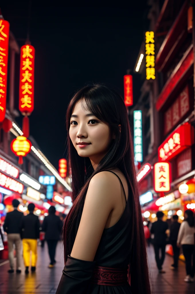 4k oled photo
Focal length 30
Arri alexa65 quality
Chinese
Long hair
Red accents on black clothes
In shanghai night markets
Thin
Looking at the photographer
Natural expression
Bliss
High class