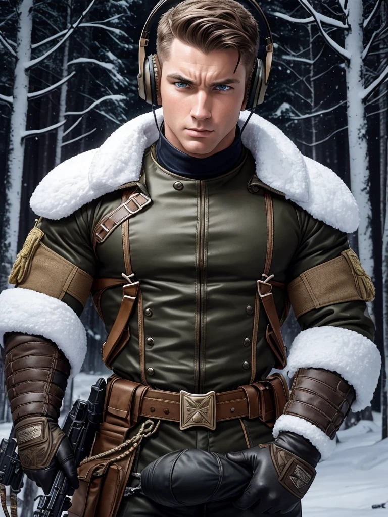 Leyendecker style illustration: male soldier masturbating , big dick, erection. masturbation , , British face, rough and angry expression, white skin, blue eyes, very short hair, wears military uniform, blue-gray camouflage uniform, body armor, headphones, communicator, cables, black leather gloves strokes his big dick , is outside the wild snowy Russian forest, night, dark night, low light, 4k, ultra-detailed image, realistic, highly detailed, perfect composition, magnificent, intricately detailed, incredibly detailed, 8K art photography, hyper-detailed, masterpiece, super-detailed, hyper-realistic , 4k, ultra-detailed image, realistic, highly detailed, perfect composition, beautiful, intricately detailed, incredibly detailed, 8K art photography, hyper-detailed, masterpiece