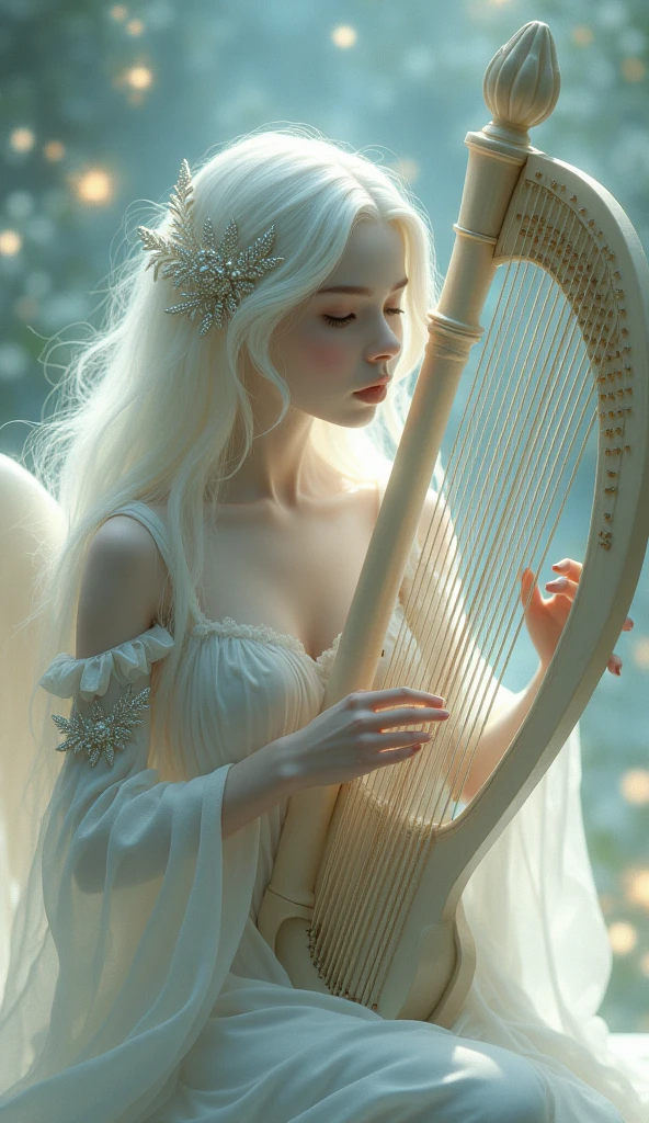 This image depicts a serene, ethereal scene featuring a delicate figure playing a harp. The character appears otherworldly, with pale skin and long, flowing white hair adorned with intricate, shimmering accessories. The setting seems to be a dreamy, celestial environment, filled with soft, glowing lights that enhance the magical ambiance. The figure's clothing is equally ethereal, with light, translucent fabric that adds to the otherworldly, almost angelic feel of the image.