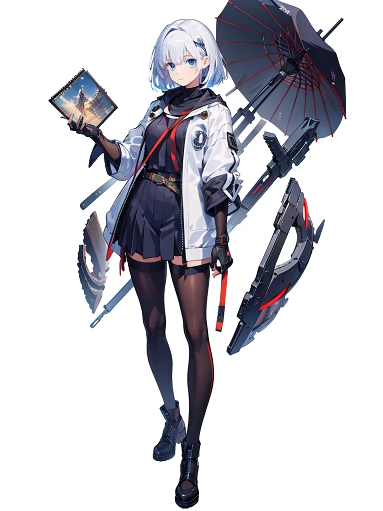 (masterpiece:1.2, Highest quality),(Colored Background) (Beautiful attention to detail: 1.2), (Highly detailed CG Unity 8K wallpapers, masterpiece, Highest quality, Very detailed, Best Shadow), (Detailed Background), White jacket short hair, ,arms(Giant gauntlet),alone ,Pale Hair,Pale eyes,One person, sketch (Character design sheet, same characters, whole body, Three-View, front, ~ ~ side, return), alone,　Pale Hair, Blue Eyes