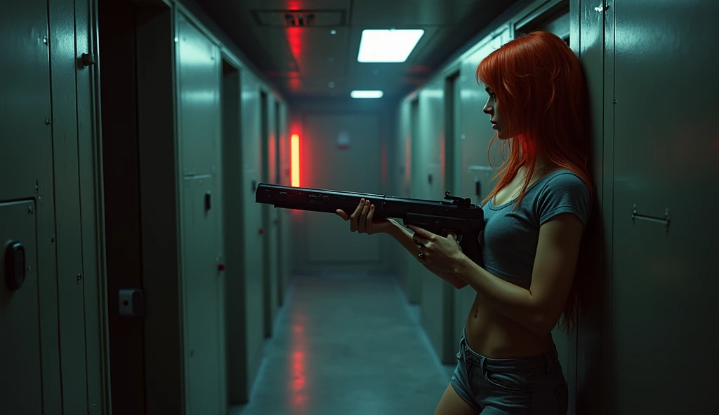 (full body shot:1) photorealistic image of a (standing pose:1) woman, ultrarealistic, photography, long red hair, woman, 24 years old, hourglass figure, perfect body, natural medium breasts, Full body picture, she is on a space station, in a dark room, only red alarmlights are on, she is wearing a tshirt and hot pants, she is holding a pulserifle, she is leaning at a wall next to a door, she tries to peak into the other room, she is looking scared, she is shooting at a xenomorph coming at her