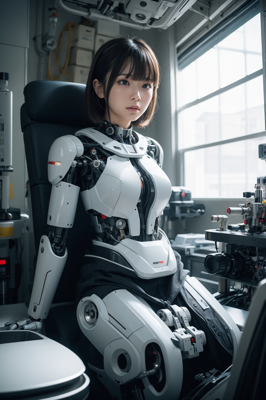masterpiece, best quality, extremely detailed, Japaese android girl,Plump , control panels,android,Droid,Mechanical Hand, Robot arms and legs,Blunt bangs,perfect robot girl,long tube,thick cable connected her neck,android,robot,humanoid,cyborg,japanese cyborg girl ,future laboratory,robot laboratory,maintenance,connecting a cable between the legs,skirt, She is charging now,