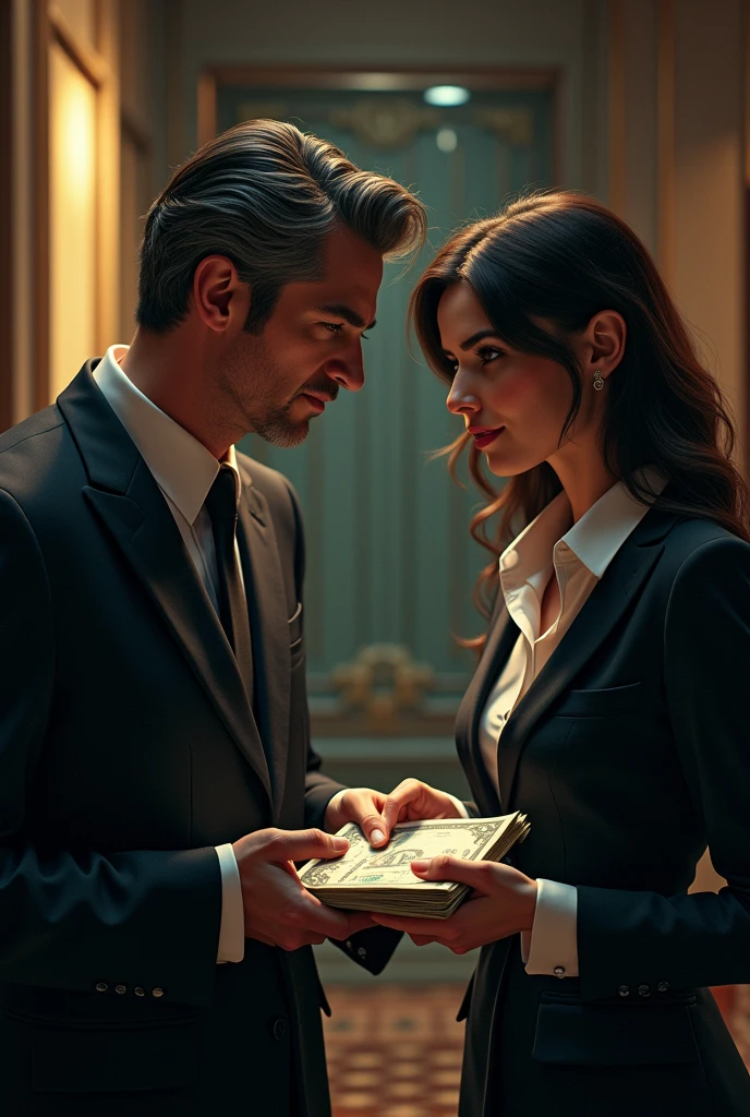 Business man and a businesswoman laundering money. Include money in the picture