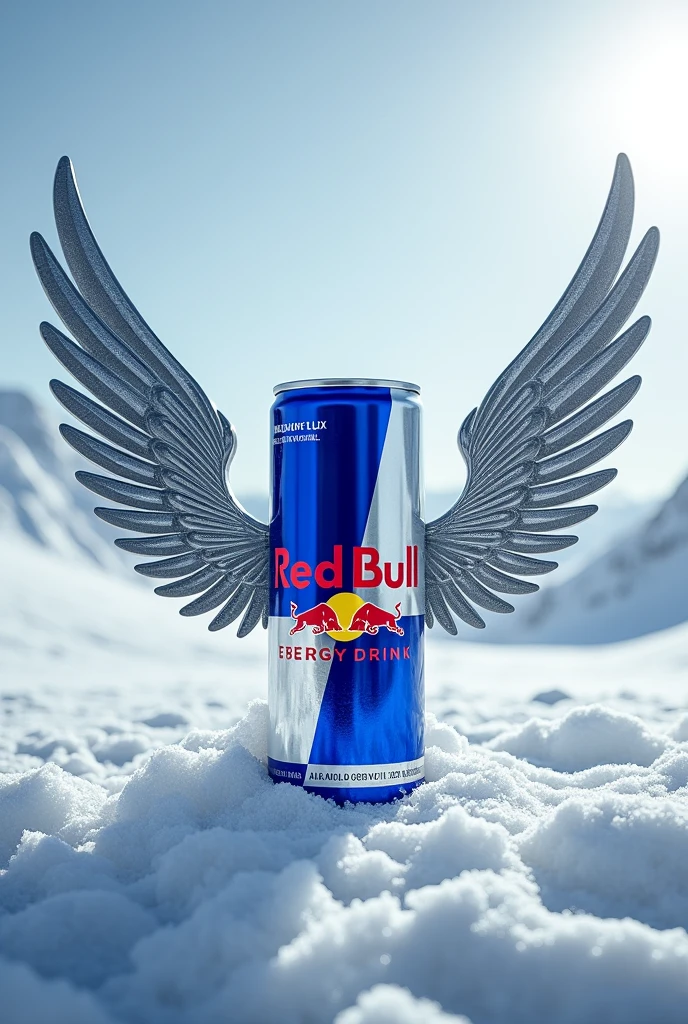 photography realistic, announcement, from front view, Products, A traditional Red Bull can with realistic metal wings, smooth light, icy landscape, High details, sharpening, sharp contrast, focus on the Products,