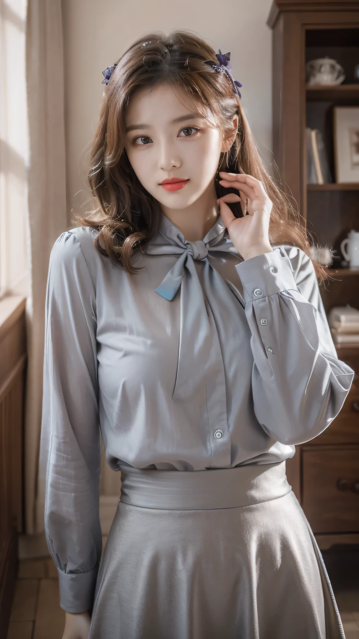detailed background, masterpiece, best quality, 1 person , curly hair, long hair, purple eyes, star in eye , grey blouse, long skirt, grey , grey blouse , beautiful bow, detailed bow, indoor , hair accessories, jewelry, red lips