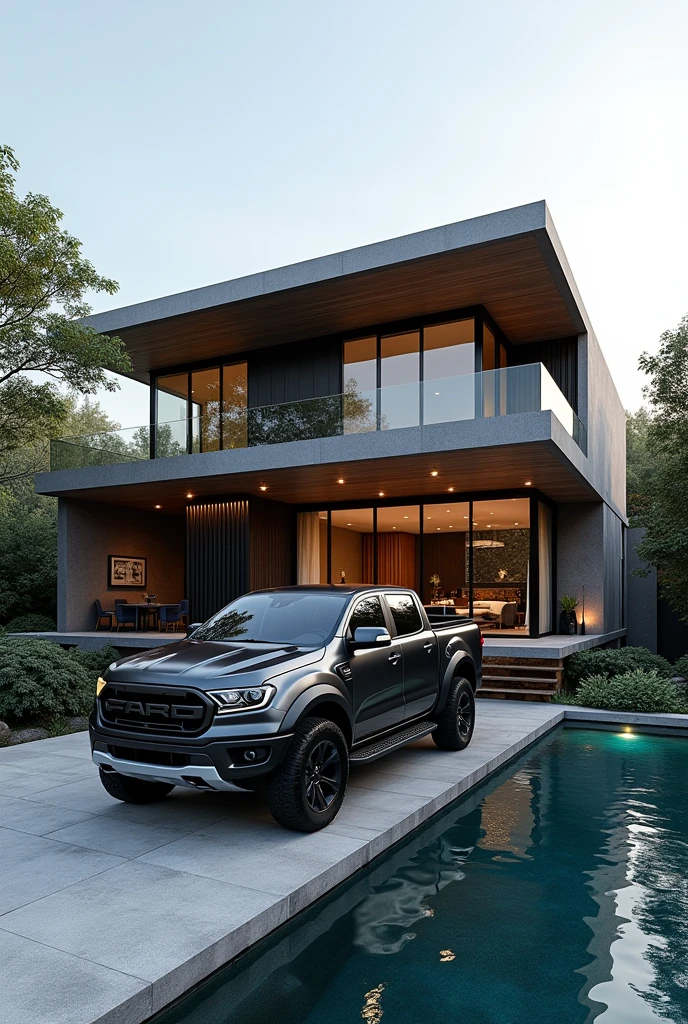 Five hundred square care meter modern and luxury G+2 hous with terrace on first and second flor it has 1 black ford ranger raptor and 1 modern electric cars on under ground parking place and it has luxury swimming pool