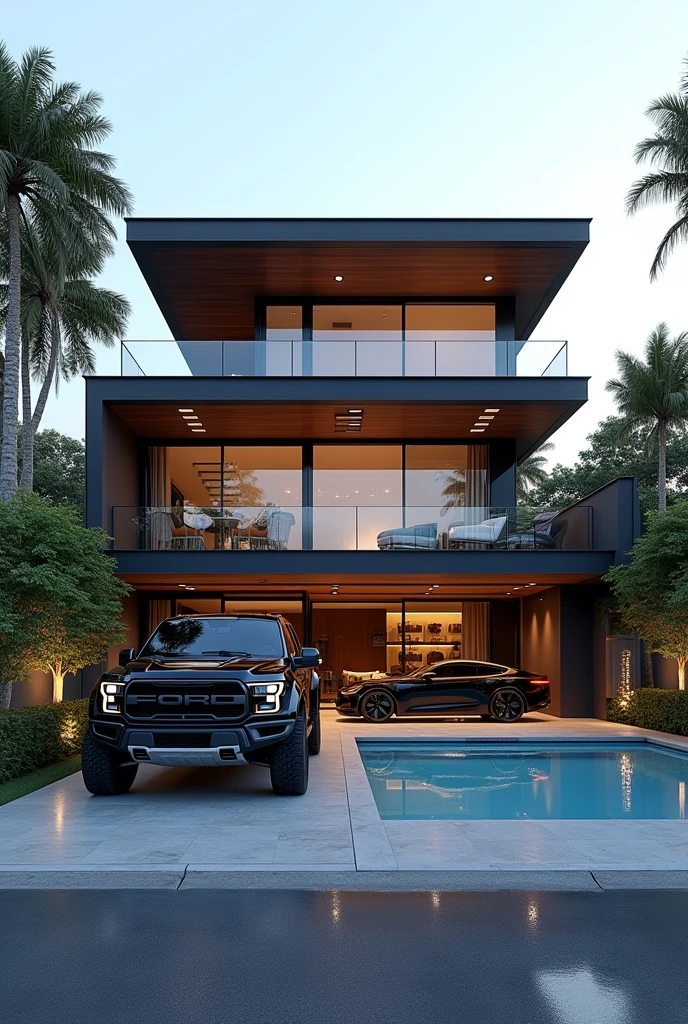 Five hundred square care meter modern and luxury G+2 hous with terrace on first and second flor it has 1 black ford ranger raptor and 1 modern electric cars on under ground parking place and it has luxury swimming pool 
