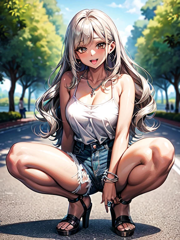 (masterpiece、Highest quality、Very detailed))、
One girl、gyaru、((Brown skin:1.3))、(Blonde:1.3)、Long Hair、blunt bangs、Wavy Hair、Grey Eyes、Thick thighs、

smile、((open mouth))、((tongue out))、

White halter neck camisole, cropped camisole, distressed denim shorts, silber sandal, 

((lots of piercing))、 (Silver ring, multiple Piercings, multiple necklaces, silver necklace, thick silver bangle, wearing many bangles), medium Breasts、
from right in front of face and body, full-body shot, 
squatting, open legs:1.3, 

(beautiful scenery), daytime, (a park, green trees, paved pathway, benches along the path, very wide), panorama view, sense of depth, long shot, magnificent view,  