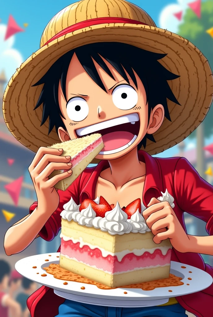 Create an image of Luffy eating cake