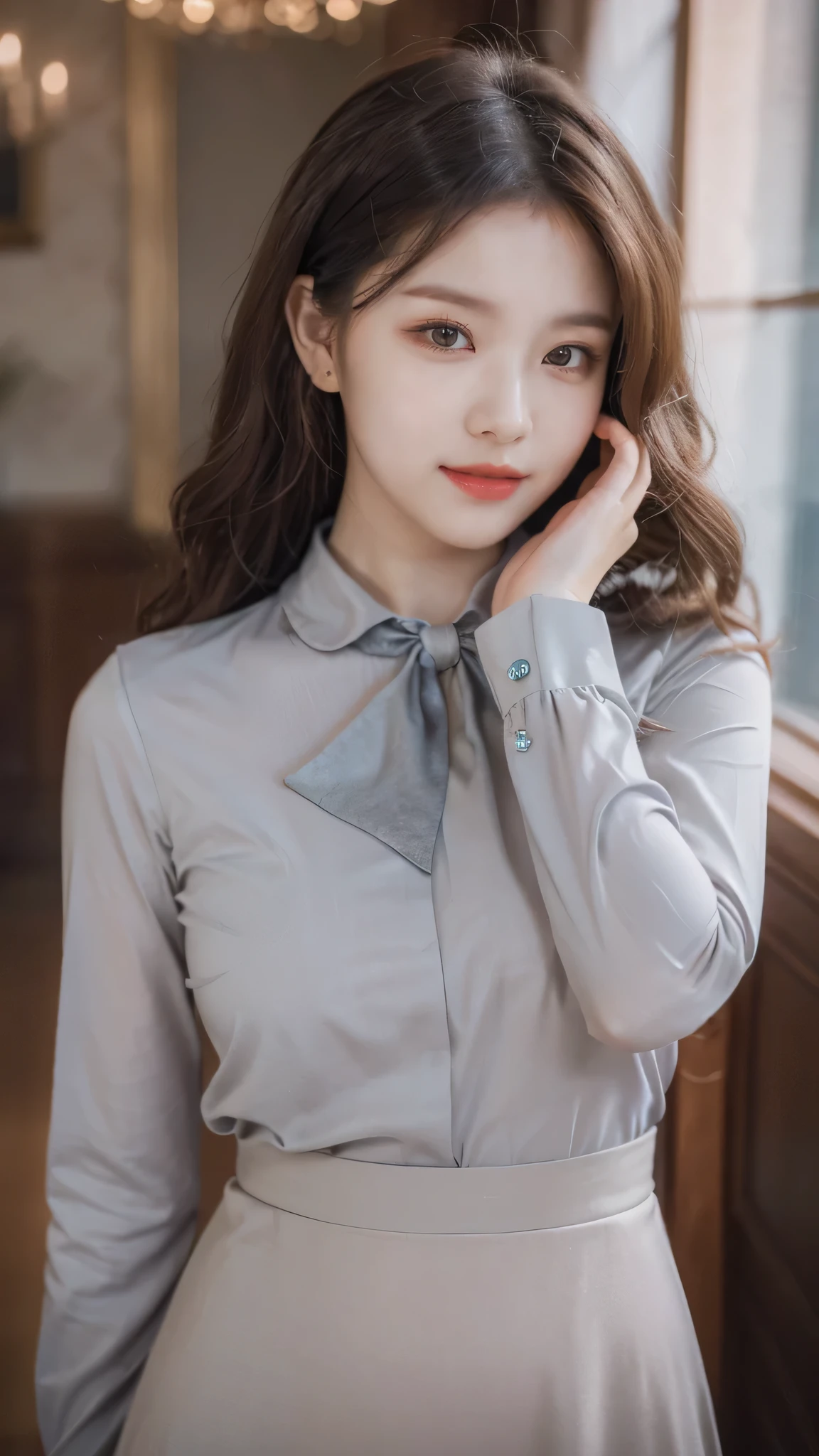 detailed background, masterpiece, best quality, 1 person , curly hair, long hair, purple eyes, star in eye , grey blouse, long skirt, grey , grey blouse , beautiful bow, detailed bow, indoor , hair accessories, jewelry, red lips