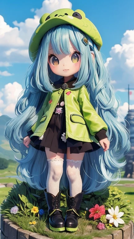 Highest quality, (masterpiece:1.2), figure, Absurd,  (One girl, alone), (Beautiful detailed),, Aeolian, Lilac hair, Long Hair, Red eyes, Medium chest,, Happy, Hilarious,, Green hat, Hats with feather ornaments, Green Dress, Green coat, (Fantasy:1.1) (Medieval:1.1) Costume, (black_pantyhose:1.1), White shirt, Brown shorts, Fleece lined boots, Brown boots,, Magical Forest, Flowers, Fairy Rings, ancient ruins, Stone ruins, lake, null, cloud