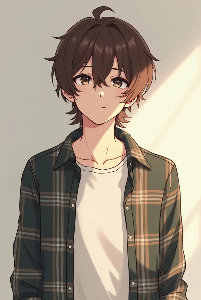 20-year-old white anime boy, wearing an open casual plaid button-down shirt with a regular shirt underneath, cabelo do glenn rhee de the Walking dead serie, Front photo