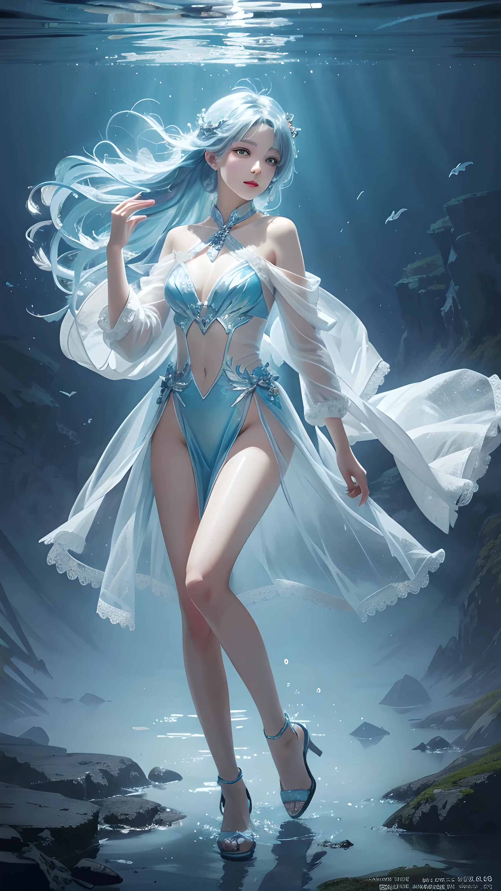 Best quality，masterpiece，Ultra-high resolution，Clear face,（Reality：1.4），RAW photos，Cold Light，Woman wearing transparent clothes underwater，Full body image，Wallpaper Anime Blue Water，Guvitz-style artwork，closeup fantasy with water magic，author：Yang J，Guvitz，A beautiful artistic illustration，Water Nymphs，Beautiful digital artwork，Beautiful digital illustrations，Li Song，Beautiful anime portrait，Bovo&#39;s art style