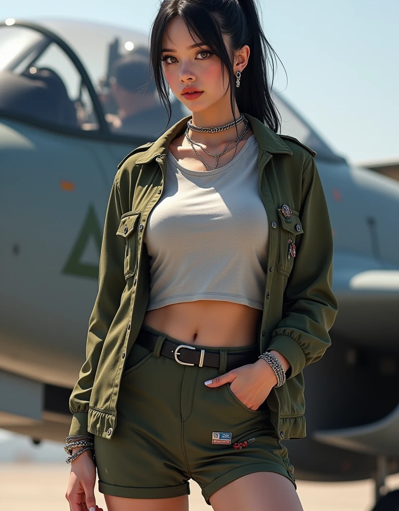 Full body, makeup, mascara, soft or colored lips, fighter plane background, a woman, 25 years old, uniform, dress, dress, simple simple dress, shorts, ripped clothes, stone, skirt, asymmetric, geometric, dress Beach clothes, simple accessories, sports clothes, sports tops, thin silver or gold necklaces and rings, simple bracelets, patterned clothes, large size t-shifts, various designs, girl punk, ((gold chain)) , gold jewelry, simple, quality material, fresh and urban print, high fashion, punk fashion, band shirt, black color, sexy, plus size fashion, loose dress, appearance, smooth black hair, short long ponytail, pale skin, big breasts