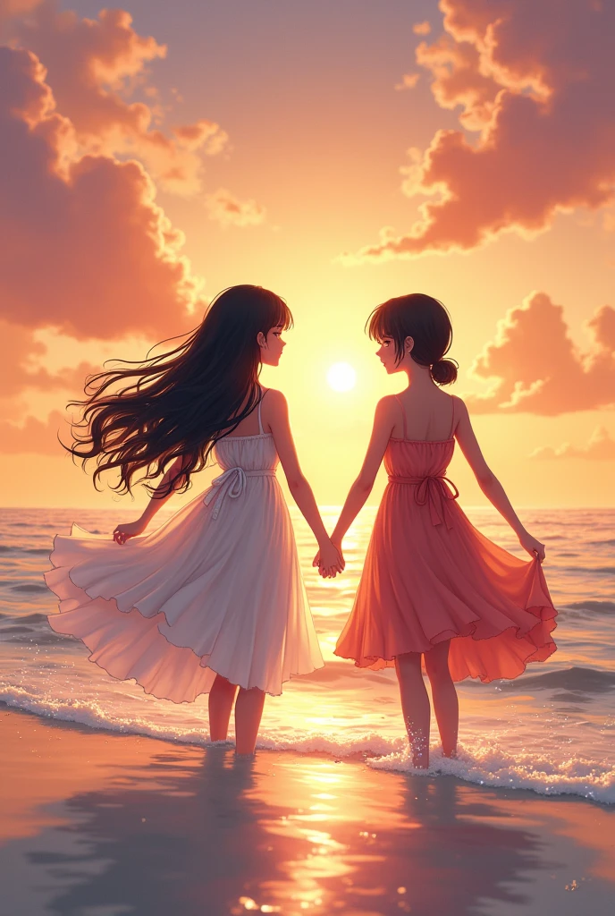 With a girl,Seaside,sunlight,sunset,Hand in hand,walk,comics,High resolution,Long Hair,Beach Dresses,Perfect Face black skin inside the beach inside the water standing