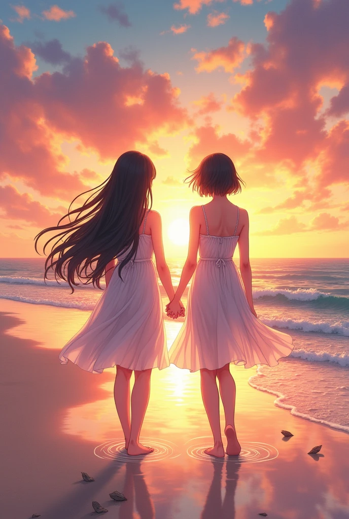 With a girl,Seaside,sunlight,sunset,Hand in hand,walk,comics,High resolution,Long Hair,Beach Dresses,Perfect Face black skin inside the beach inside the water standing