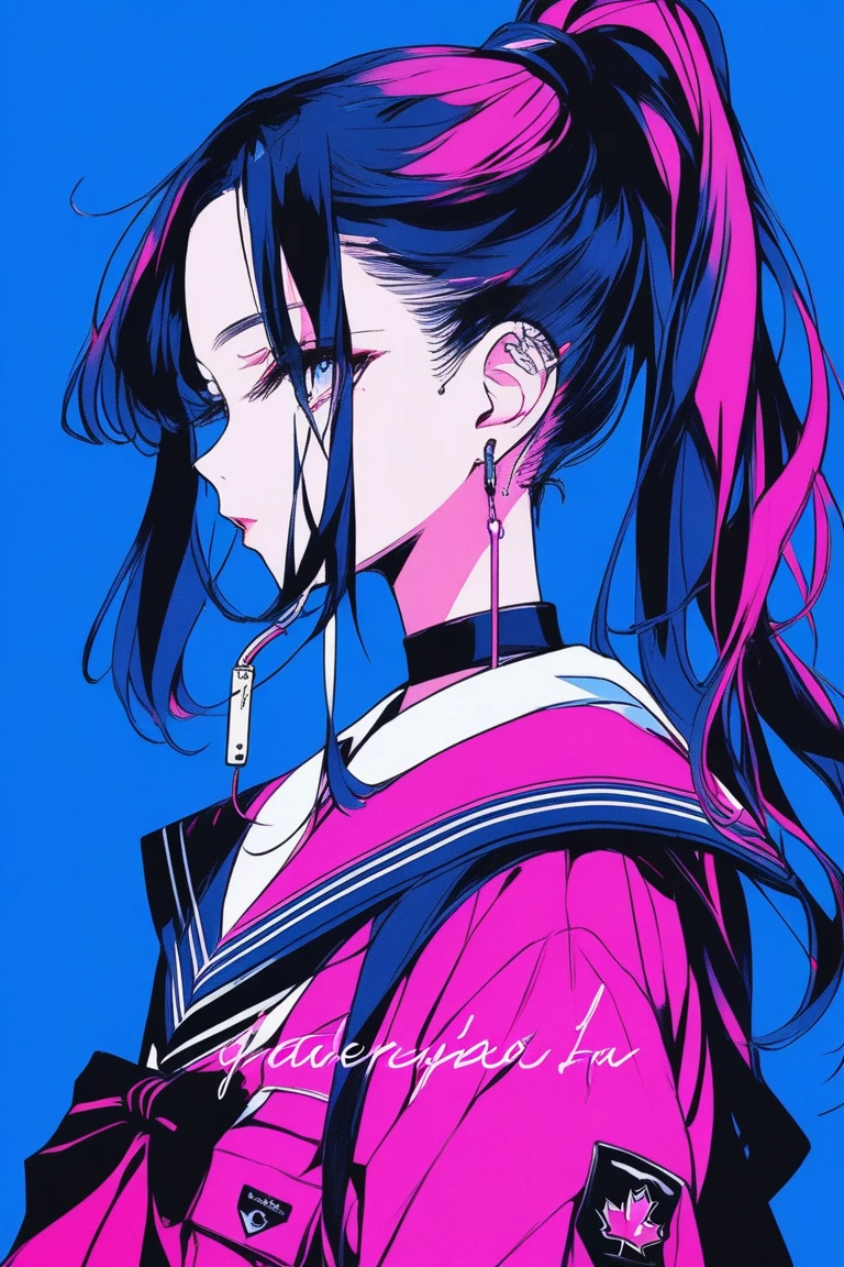 ((masterpiece,Highest quality)), 8k, anime , Realistic ,sketch, anime風のポートレート, 黒猫を連れたanimeの女性, 18-year-old, Blue gradient background, High school girl sailor uniform, Neon ponytail hair, lip, Big earrings, Wear headphones, Texture Trim, Canadian, Upper Body, (masterpiece,Highest quality)