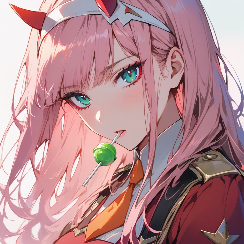 1girl, solo, long hair, looking at viewer, bangs, simple background, white background, green eyes, jacket, upper body, pink hair, hairband, food, necktie, horns, uniform, aqua eyes, military, military uniform, mouth hold, candy, straight hair, red jacket, lollipop, white hairband, orange necktie, zero two \(darling in the franxx\) 16:9