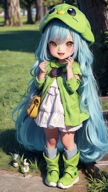Highest quality, (masterpiece:1.2), figure, Absurd, (One girl, alone), (Beautiful detailed),, Aeolian, Lilac hair, Long Hair, Red eyes, Medium chest,, Happy, Hilarious,, Green hat, Hats with feather ornaments, Green Dress, Green coat, (Fantasy:1.1) (Medieval:1.1) Costume, (black_pantyhose:1.1), White shirt, Brown shorts, Fleece lined boots, Brown boots,, Magical Forest, Flowers, Fairy Rings, ancient ruins, Stone ruins, lake, null, cloud