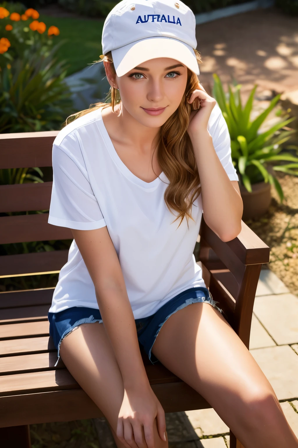 Australian model girl, (20 years old), in the hotel, garden, dawn, sitting on a bench, shirt, sunglasses, confident expression, (top view), (face and eye details), (masterpiece, best quality, highly detailed), (lifelike, natural, naturalistic, photographic, realistic)