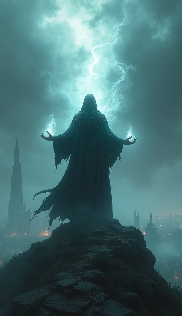 fantasy dark mage standing on hill above city, mysterious fog emanating from hands covering entire fantasy city, barely visible under fog, comic book art style, detailed character, cinematic lighting, dramatic clouds, moody atmosphere, high quality, 8k, hyper detailed
