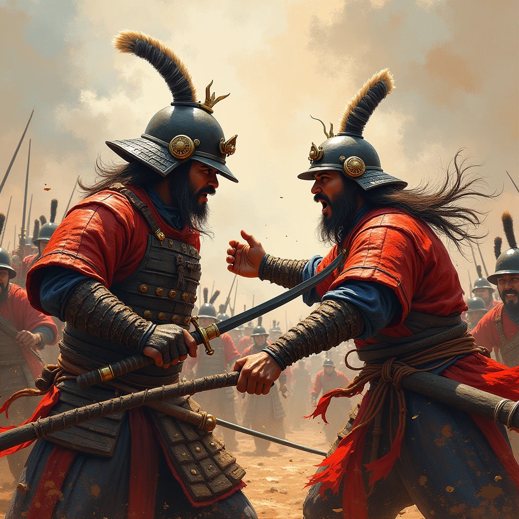 Three Kingdoms,Attache,Shogun,Shouting threats towards here,Battle,Imperial Army,Attack,Painted with oil paints using only a palette knife,
