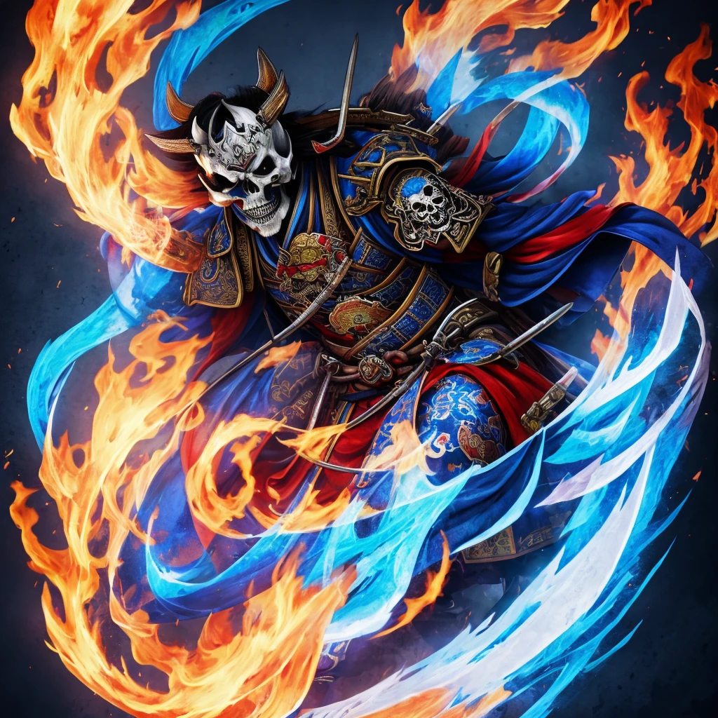 High quality 4K artwork ,Flaming skull-faced samurai with blue flames,kimono branco 