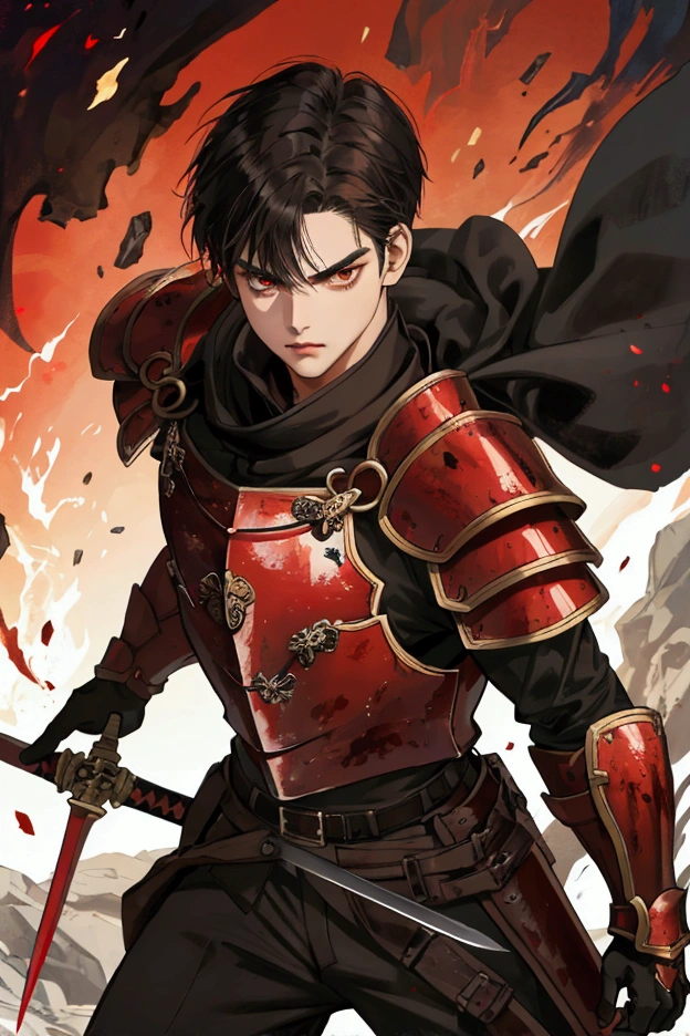 Olive skin, Short black hair, young man, brutal appearance, brown eyes, Antiquity, black blood red armor, black and blood red decorated sword, anime style