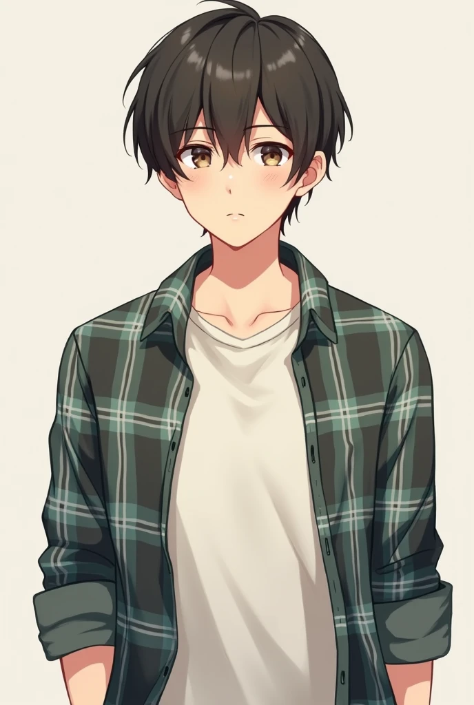 20-year-old white anime boy, wearing an open casual plaid button-down shirt with a regular shirt underneath, side part hair at eye level, Front photo