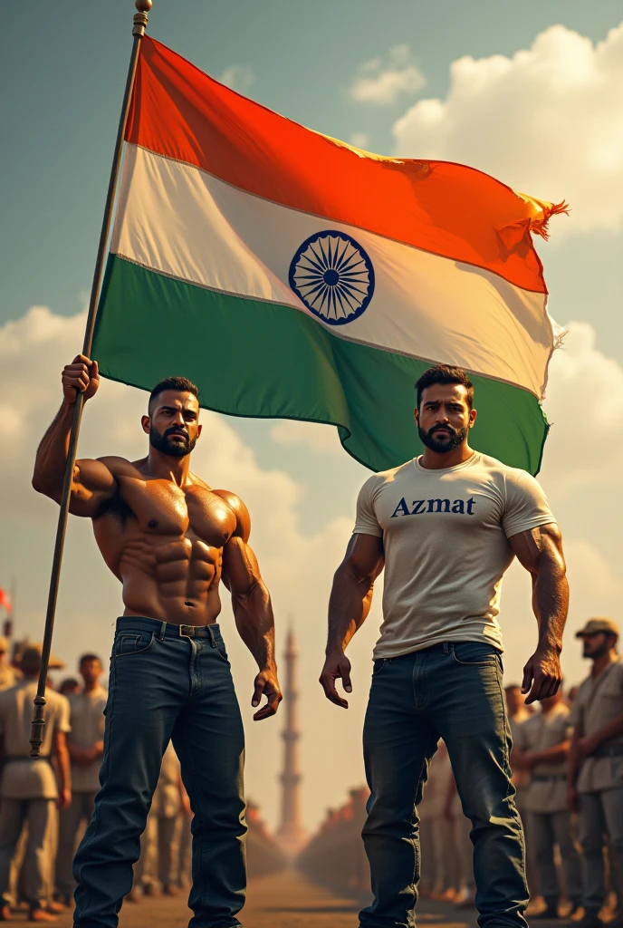 beautiful  muscle men  stand with Indian flag take in hand  tshirt  in name Azmat 