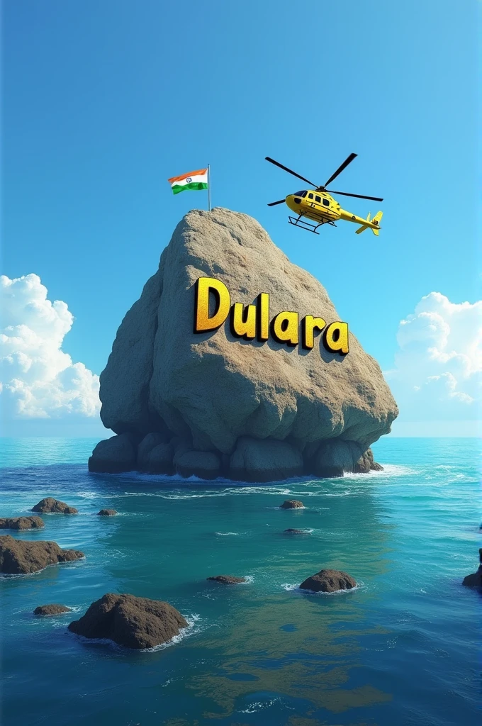 Create an image of a deep sea with a huge old rock in its middle, blue sky, a helicopter flying above it, the name Dulara golden colour written on the rock, yellow stones all around and the Indian flag fluttering behind the rock.