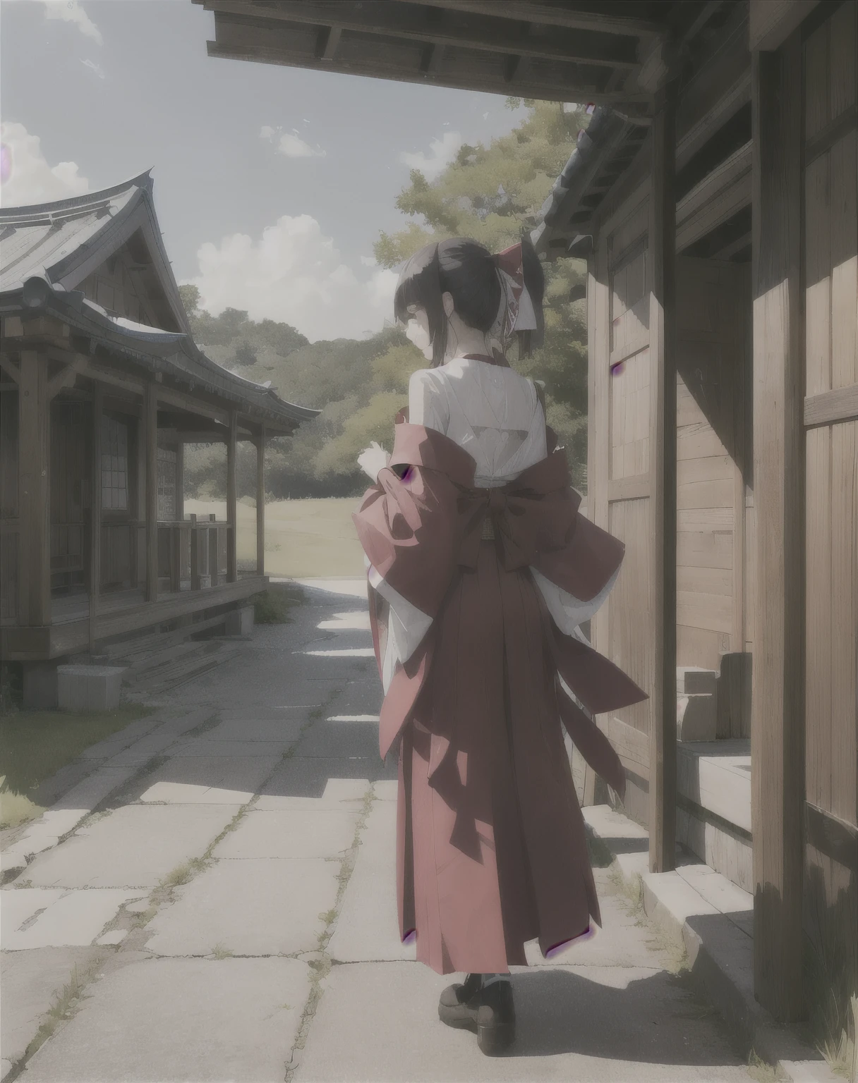 Back view、Crawl、Strong winds、Shrine maiden