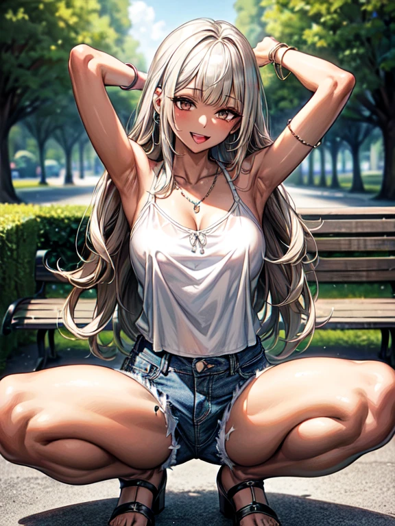 (masterpiece、Highest quality、Very detailed))、
One girl、gyaru、((Brown skin:1.3))、(Blonde:1.3)、Long Hair、blunt bangs、Wavy Hair、Grey Eyes、Thick thighs、

evil smile、((open mouth))、((tongue out))、

White halter neck camisole, cropped camisole, distressed denim shorts, silber sandal, 

((lots of piercing))、 (Silver ring, multiple Piercings, multiple necklaces, silver necklace, thick silver bangle, wearing many bangles), medium Breasts、
from right in front of face and body, full-body shot, 
arms up, beautiful armpit, squatting, open legs:1.3, 

(beautiful scenery), daytime, (a park, green trees, paved pathway, benches along the path, very wide), panorama view, sense of depth, long shot, magnificent view,  