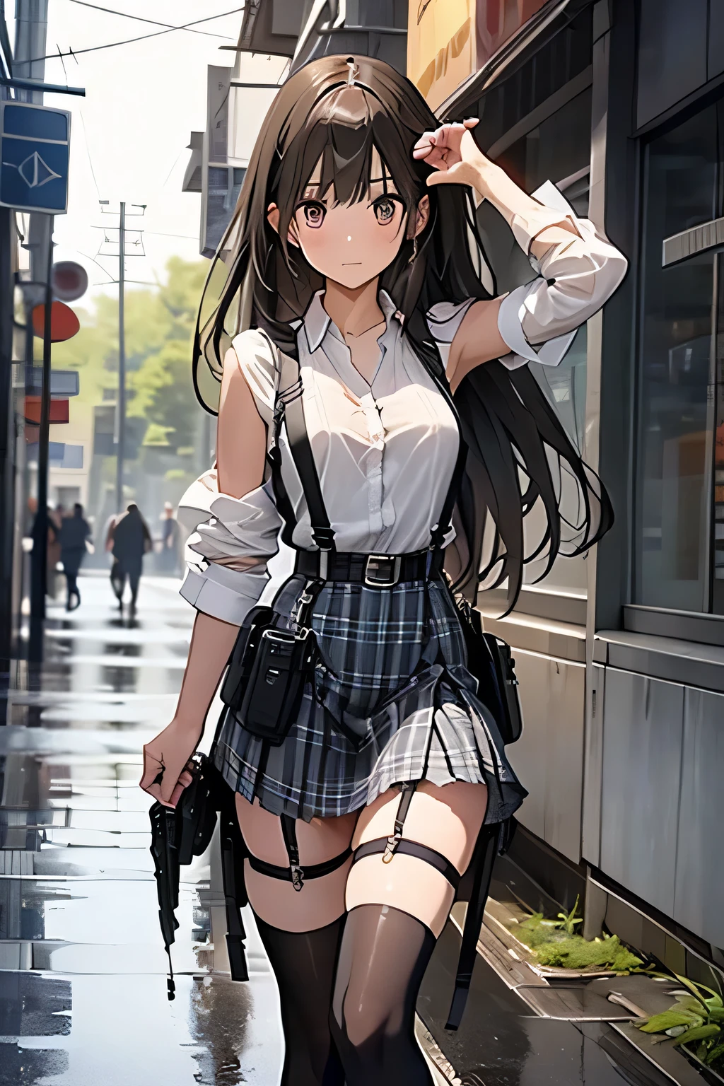 1 female, , high quality, masterpiece, Ultra-high resolution, Cinema Lighting, 1 female, , high quality, masterpiece, Ultra-high resolution, , Cinema Lighting, suspenders Moderate breasts Small face Looking up Sweat Thin belt buzzer 脇Sweat garter belt Belt on pants holster Hands behind your back Looking up Anxious face Knee-high Knee socks Knee-highソックス garter ふとももにgarter belt Checkered mini skirt Panty shot Skirt gap Armament holster holster Hands behind your back Anxious expression Anxious face, legs apart Armament Leg Holster holster See-through clothing heavy rain Rain-soaked dress shirt,Moderate breasts ガーターbelt suspenders Garter on the thigh Checkered mini skirt Looking up Pause belt Armpit sweat Hands behind back Raise your hands