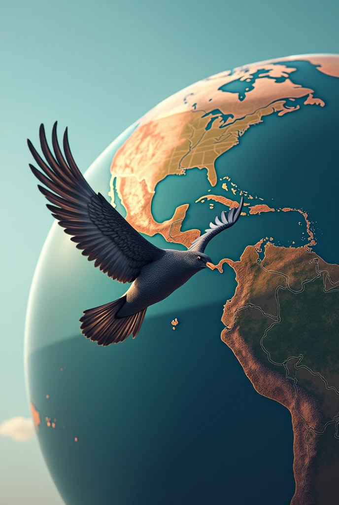Make a photo of a one side way flying bird on front of full orginal glob