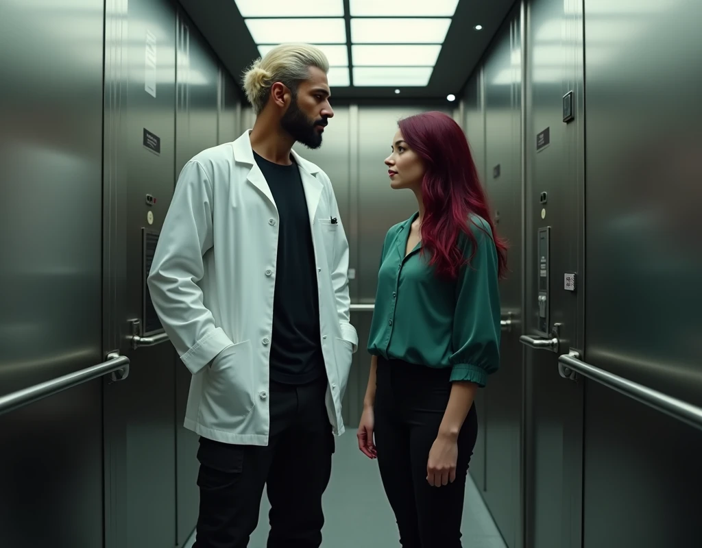 attractive Arabic man (216cm tall:1.6), platinum blond wavy swept-back crew cut, dark skin, long black stubble, white lab coat, black t-shirt, black cargo pants, black boots, standing inside elevator next to a young woman (170cm short:1.2), vibrant maroon side-parted long wavy hair, very pale skin, soft green silk work blouse, low-rise black pants and black boots, hip shot, photorealistic, cinematic, 8k