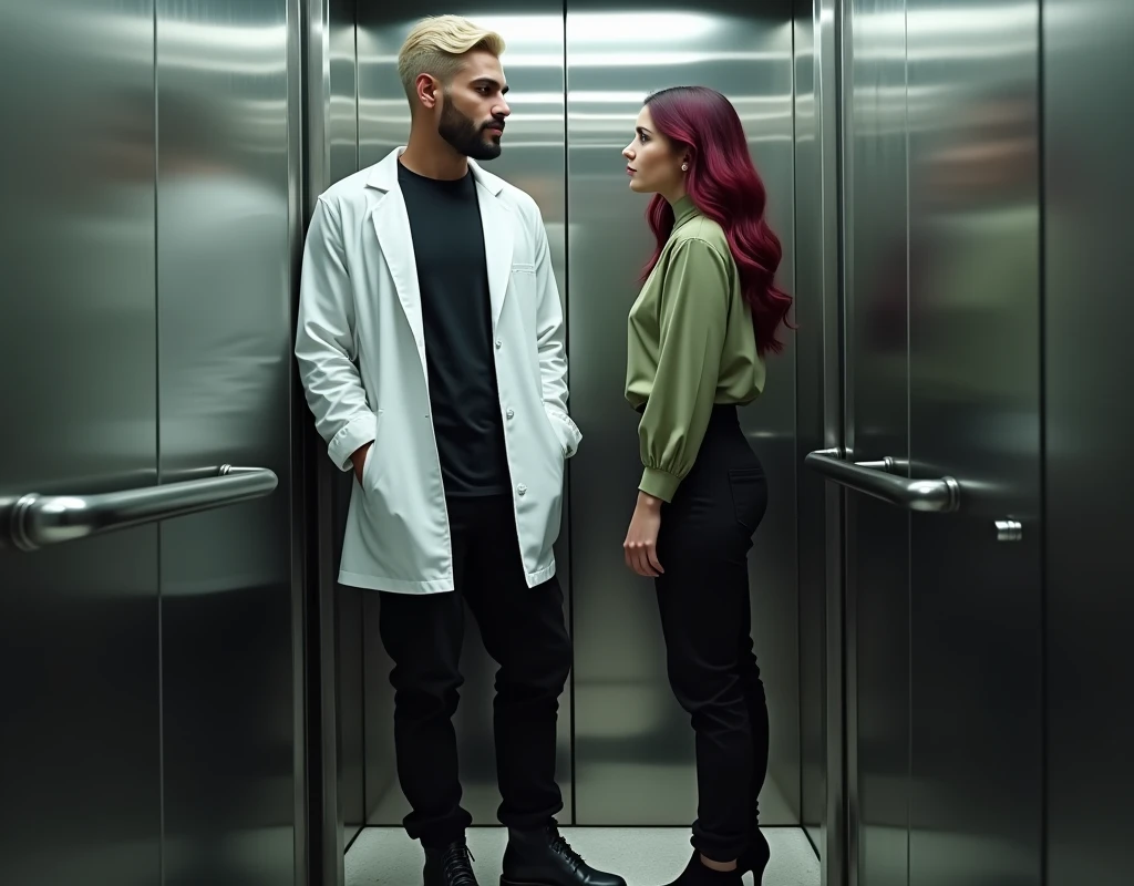 attractive Arabic man (216cm tall:1.6), platinum blond wavy swept-back crew cut, dark skin, long black stubble, white lab coat, black t-shirt, black cargo pants, black boots, standing inside elevator next to a young woman (170cm short:1.2), vibrant maroon side-parted long wavy hair, very pale skin, soft green silk work blouse, low-rise black pants and black boots, hip shot, photorealistic, cinematic, 8k