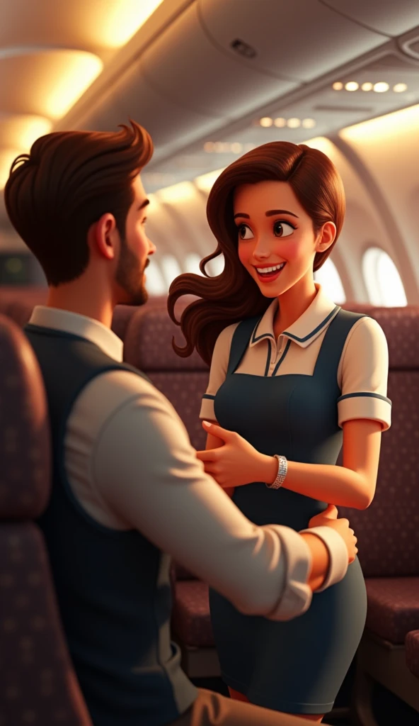 A flight attendant with brown hair talking to a handsome passenger on an airplane checking the cabin, 3d , pixar style, cinematic, masterpiece, realistic