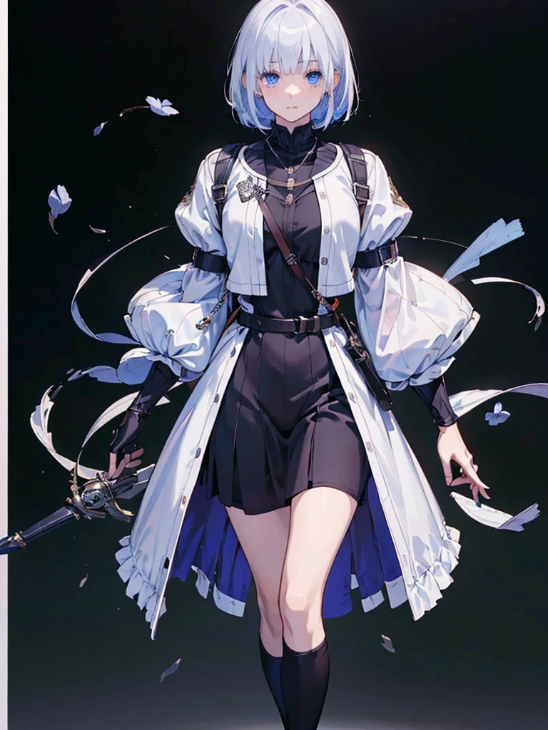 (masterpiece:1.2, Highest quality),(Colored Background) (Beautiful attention to detail: 1.2), (Highly detailed CG Unity 8K wallpapers, masterpiece, Highest quality, Very detailed, Best Shadow), (Detailed Background), White jacket short hair, ,arms(Giant gauntlet),alone ,Pale Hair,Pale eyes,One person, sketch (Character design sheet, same characters, whole body, Three-View, front, ~ ~ side, return), alone, Pale Hair, Blue Eyes, tall