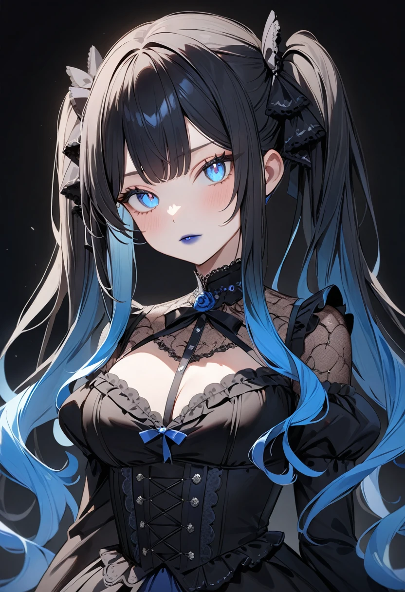 (masterpiece, top quality, very aesthetic, 4k、illustration), intricate detail, 1woman,solo,contrapposto 、Strong glowing eyes、Fair skin,(upper body)、cute look 、twintails、(Blue lipstick),beautiful face、(gradient hair)、multicolored hair,middle hair,sidelock ,blue　eyes、gothic ta dress、medium breasts、slender 、