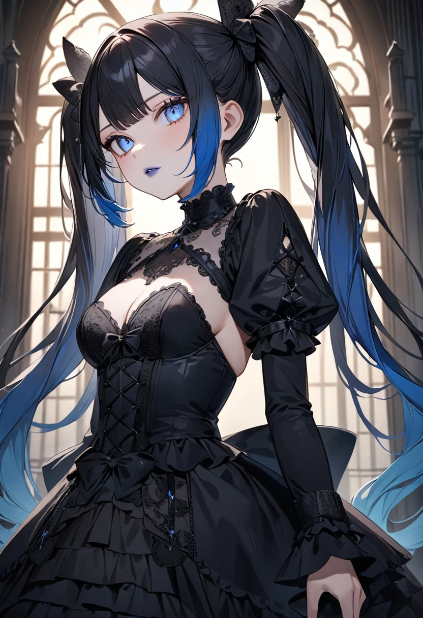 (masterpiece, top quality, very aesthetic, 4k、illustration), intricate detail, 1woman,solo,contrapposto 、Strong glowing eyes、Fair skin,(upper body)、cute look 、twintails、(Blue lipstick),beautiful face、(gradient hair)、multicolored hair,middle hair,sidelock ,blue　eyes、gothic ta dress、medium breasts、slender 、