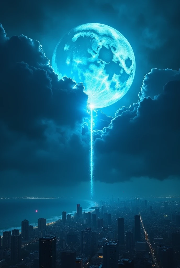 In the sky surrounded by dark clouds but in the middle of the clouds there are luminous openings with blue crystals and in the middle a large light blue moon, below the clouds the city of Natal is a bomb falling