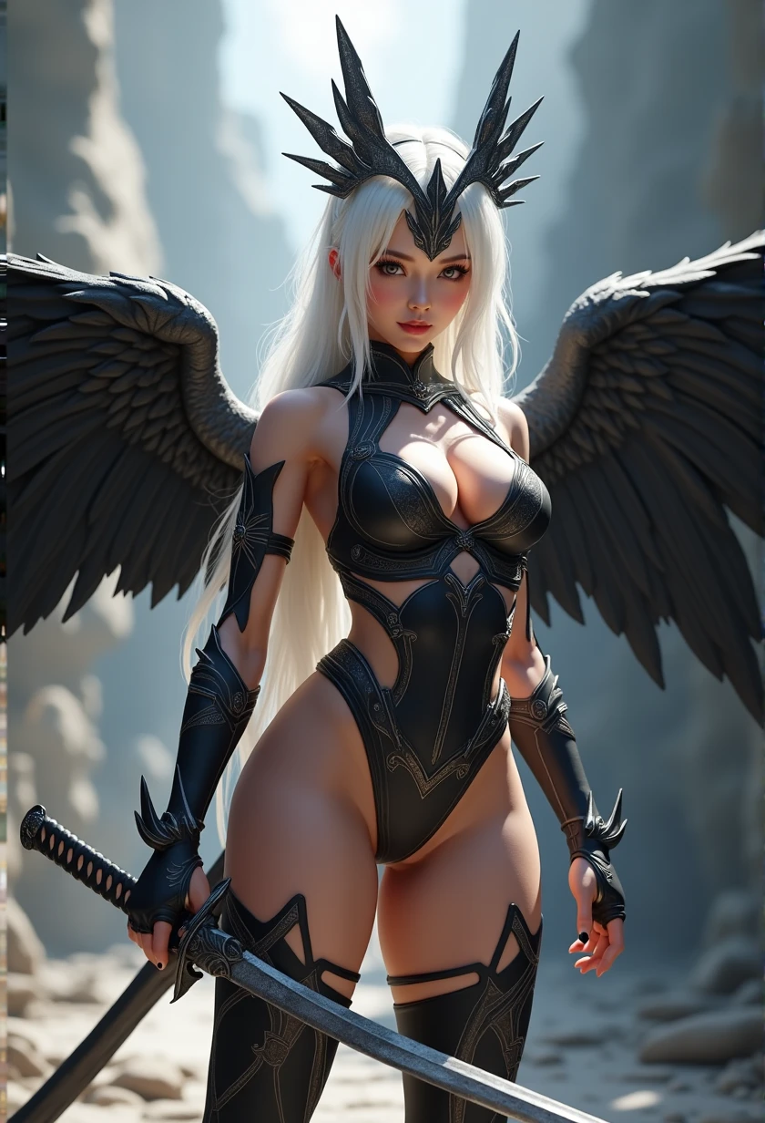 1fullbodyimage of a extremely cute Japanese young woman with albino skin and flowing hair, wide hips, well rounded legs, in a black and silver miniskirt outfit with black wings wielding a katana, Beautiful round breasts, Glossy lips, Perfect abs, (Perspectiveal), Tight waist, Inner seam, hourglass body shape, navel, Blush, Voluptuous, huge breasts, tight top, beautiful dark angel girl, warrior angel, villainess has black angel wings, angel knight gothic girl, angel in glossy metallic black and silver armor, crown in armour, stuning fantasy 3 d render, angel knight girl, cinematic volumetric lighting, ultra realistic, shot with Sony Fx6, (Glossy albino skin: 0.8), (Masterpiece: 1.4), (Best quality: 1.4), Natural(Big:1.25), Glossy lips, Perfect abs, (Perspectiveal), Tight waist, Inner seam, hourglass body shape, navel, Blush, Voluptuous, huge breasts, tight top, cinematic volumetric lighting