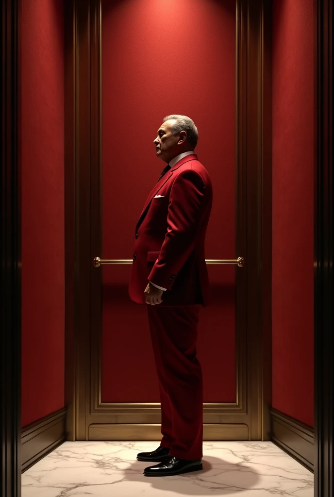 Create an image of an old but elegant elevator, with its walls of fine red fabrics but with dust, that its floor is made of white marble and that it gives a feeling of pure elegance. That has a very elegant elevator operator in a red suit, and that he's old and he's in profile and against a wall