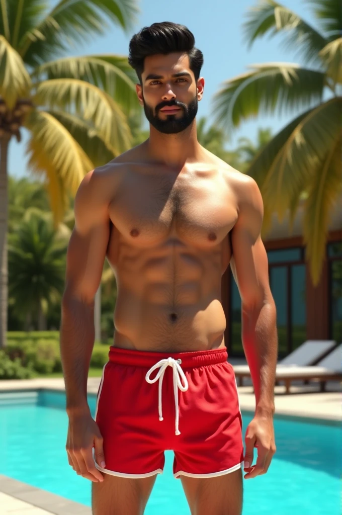 Generate an image
"A 22 years old Desi man with short black hair, a well-groomed beard, and a confident stance standing by a pool. He is wearing red swimming trunks with white detailing, standing in an outdoor setting with palm trees in the background. The man is not wearing glasses, and the sunlight enhances the vibrant colors and shadows in the scene."