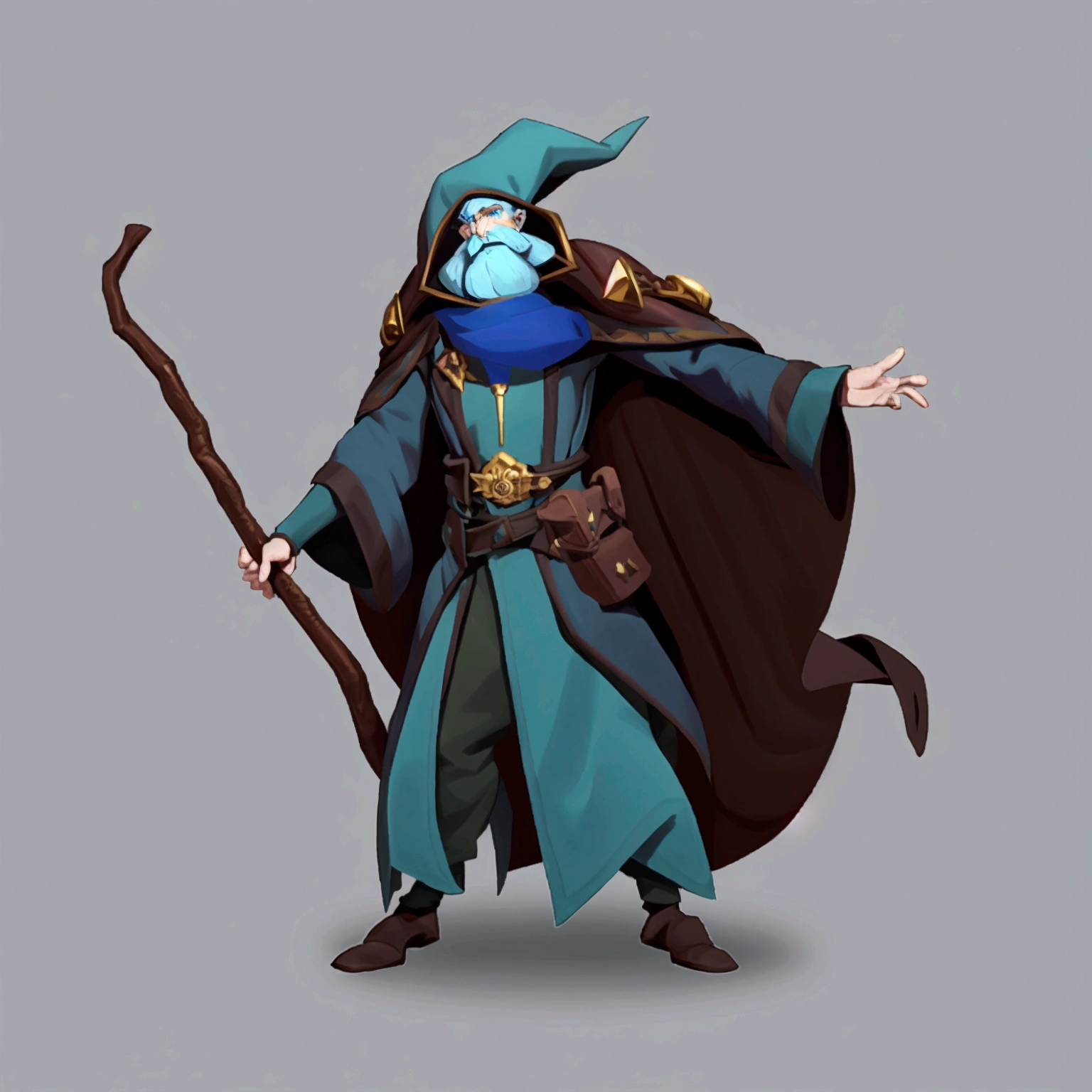 concept art, European and American comics, game character design, RPG Fantasy Game Characters, 1boy, solo, European male in his 30s, Male-centric, Light blue hair, Mustache and beard, Hair length reaches the neck, Wizard Outfit, A light gray outfit, The wizard hat has a brown belt decoration in the middle. The wizard hat looks similar to an explorer's hat. There is a brown leather cover from the shoulder to the chest area. The leather is spread out on both sides of the chest and there are decorative lines connecting both sides in two rows. Wearing brown arm guards on the arms, Holding a wooden stick with a jewel at the end, Wearing a brown belt three times around the waist, The belt has pouches and bags hanging from it. Zoom in on the upper body