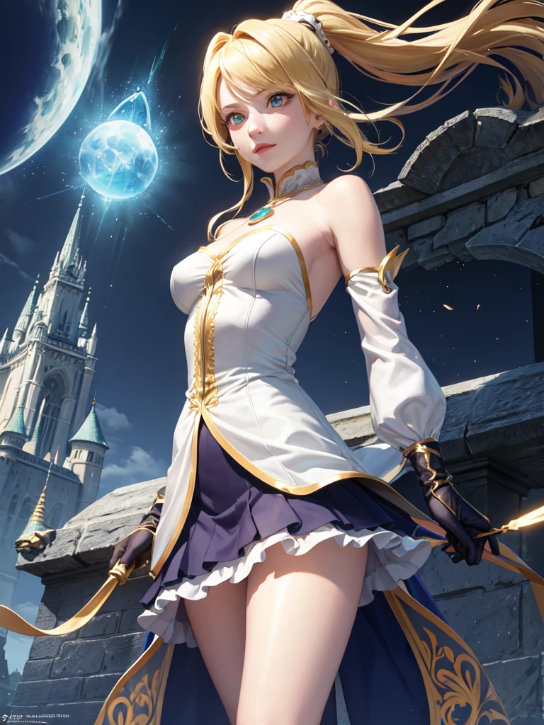 (Ultra extreme detailed),(Masterpiece),(Ultra extreme),(Realistic),CG,(color:1.2), Strong lighting,Light from behind,evaluation:Safety,A blonde person alone, color,Blonde ponytail,Green Eyes,水color shrite,short_Magic Robe Costume、、Gemstone pendant、Tights Knee Socks、is emitting thunder、Magical girl、Magic wand、Book、Castle Background